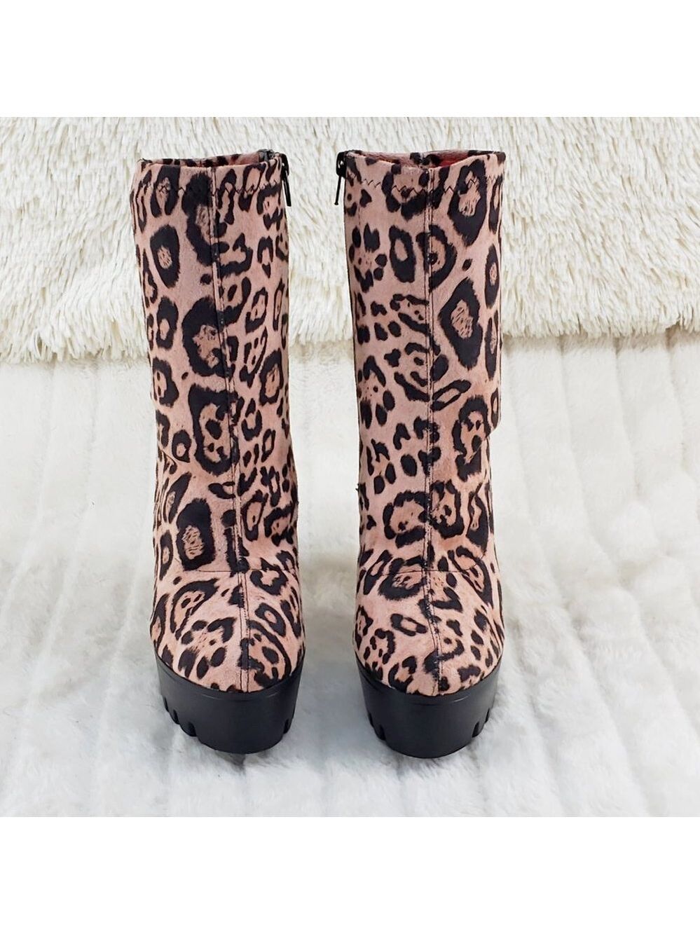 Sexy Erin Stretch Leopard Print 6" Chunky Heel Platform Lug Sole Ankle Boots - Picture 10 of 11
